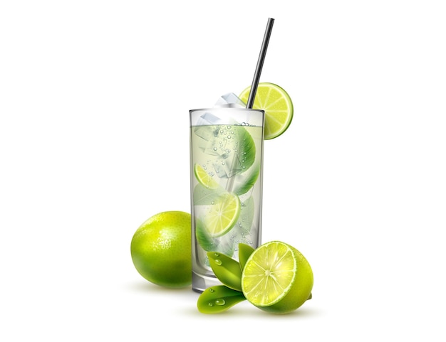 Vector a glass of lemonade with fresh lemon and leaves