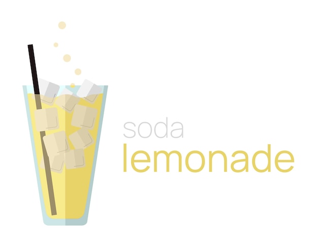 Glass of lemonade with ice and straws Text Soda Lemonade Transparent glass with soda bubbles Drink