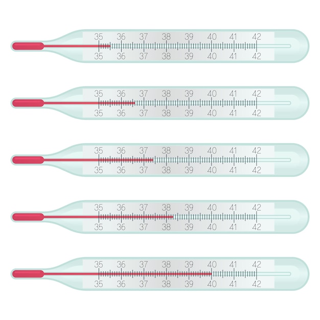 Glass mercury Thermometers with different temperature measurent on celcius scale 366 degrees Cold diagnostic covid symptoms flu fewer concept