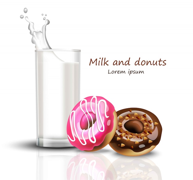 Glass of milk and donuts realistic. splash drink white backgrounds