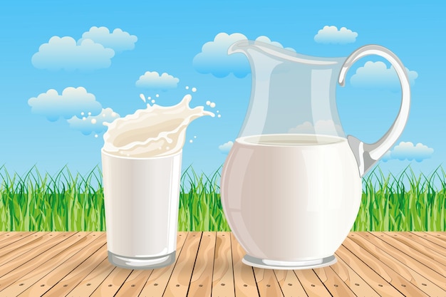 A glass of milk and a jug of milk on a wooden table against the backdrop of a summer landscape