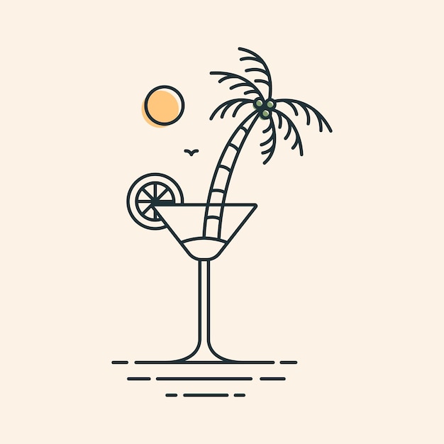 Un bicchiere di mocktail su una spiaggia estiva con l'illustrazione dell'albero di cocco per il design dell'abbigliamento