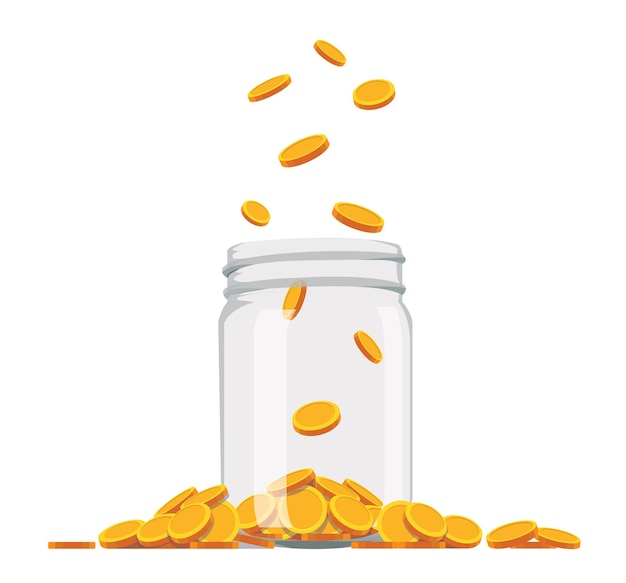 Glass money jar full of gold coins, flat style illustration.