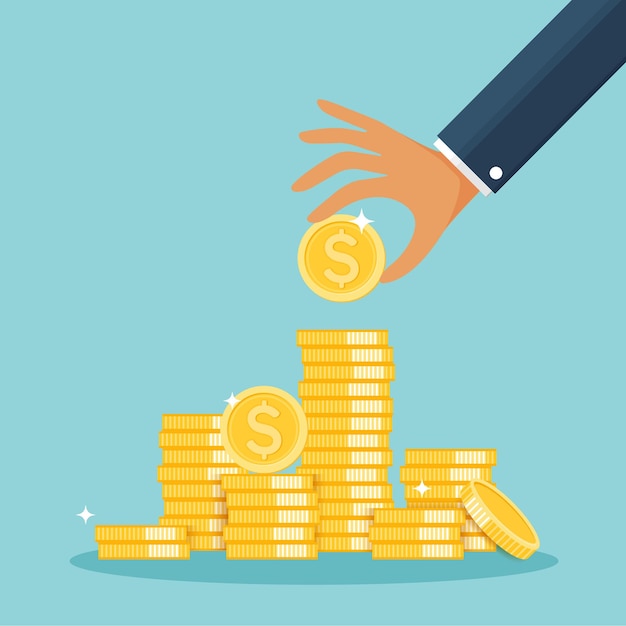 Glass money jar full of gold coins and hand Growth income savings investment Symbol of wealth