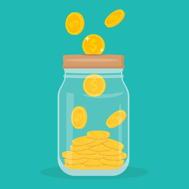Vaso di denaro di vetro pieno di monete d'oro moneta da un dollaro di risparmio nel salvadanaio illustrazione vettoriale web banner