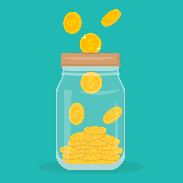 glass money jar full of gold coins saving dollar coin in moneybox vector illustration web banner