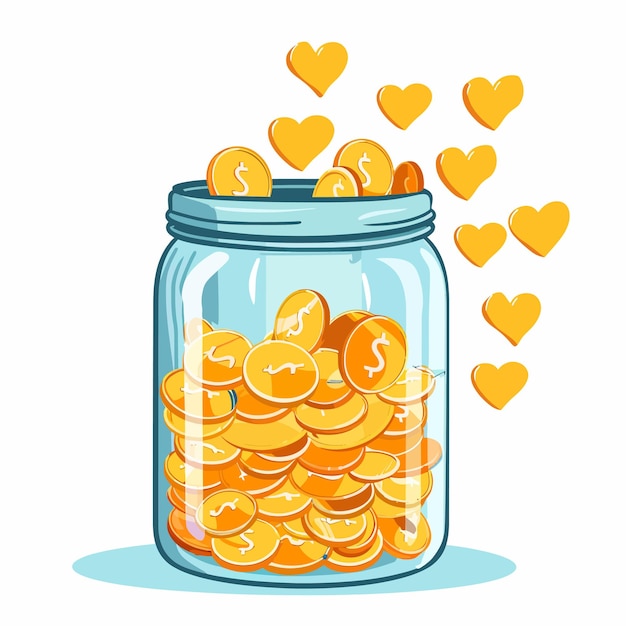 Вектор Стеклянная банка с деньгами, полная золотых монет с сердцем.