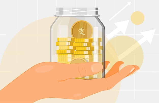 Glass money jar full of rupee coins on hand Saving rupee coin in money box