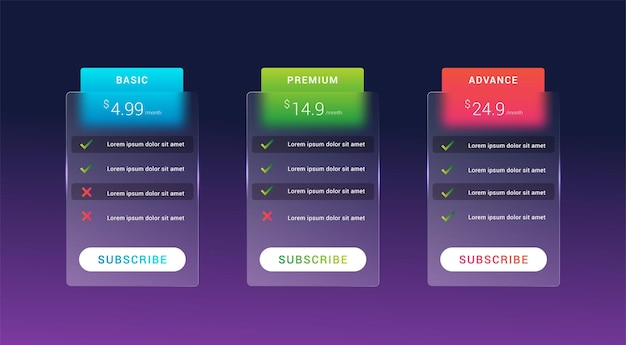 Vector glass morph price table design concept for web layout landing page template ui ux web development