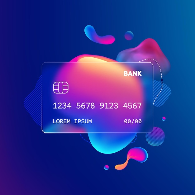 Vector glass morphism credit card template plastic rectangle of transparent plastic with blur effect liquid shapes morphism abstract art