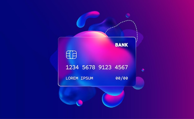 Glass morphism credit card template Plastic rectangle of transparent plastic with blur effect Liquid shapes morphism abstract art