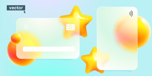 Glass morphism credit card template with floating gold star icon and sphere Transparent plastic with blur effect