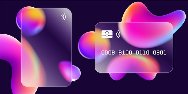 Glass morphism credit card template with floating multicolor rainbow shapes