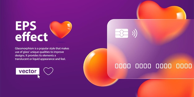 Vector glass morphism credit card template with floating red hearts transparent plastic with blur effect