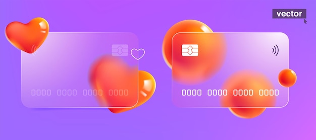 Glass morphism credit card template with floating red hearts Transparent plastic with blur effect