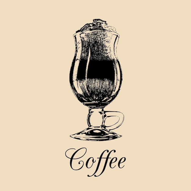 Стеклянная кружка чашка кофе вектор фраппе капучино и т. д. с иллюстрацией пены ручной рисунок безалкогольного напитка для ресторана, бара, кафе, дизайн меню, логотип и т. д.