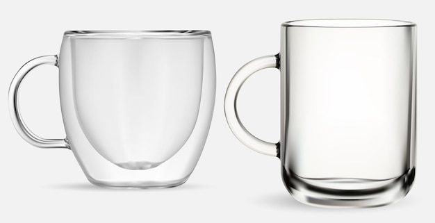 Tazza di vetro. tazza da tè in vetro trasparente, illustrazione isolato su sfondo bianco. tazza da caffè a doppia parete. realistico barattolo di cappuccino caldo, set di bicchieri da cucina