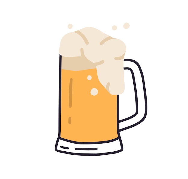 Glass mug with handle full of light beer with foam and bubbles. Cold refreshing alcoholic drink. Pint of golden beverage with froth. Colored flat vector illustration of lager isolated on white.