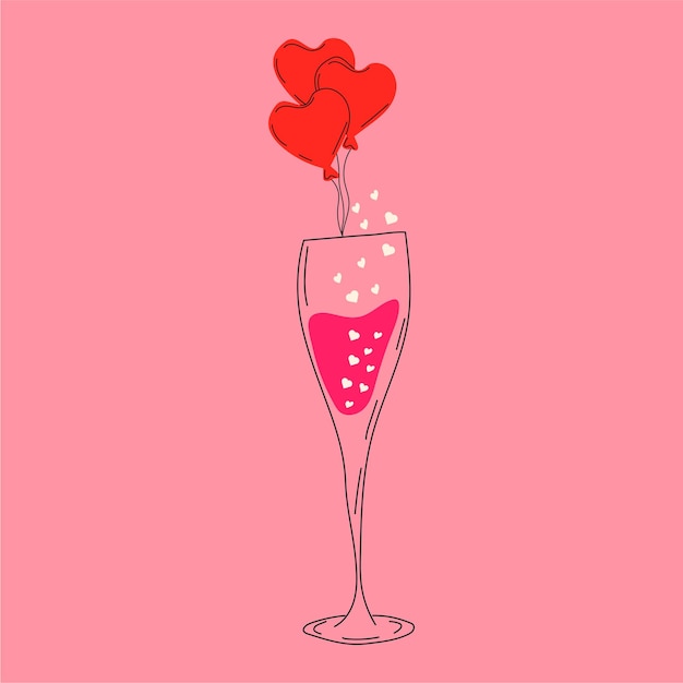 발렌타인 데이를 위해 장식된 샴페인 한 잔. 사랑. 모든 요소가 격리됩니다.