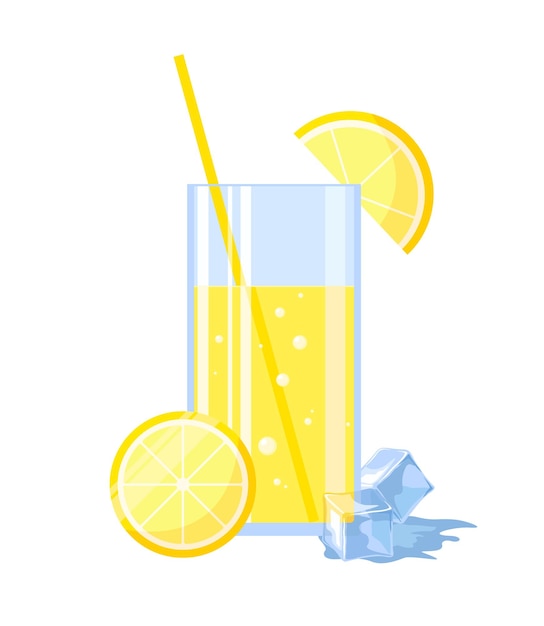 Вектор Стакан лимонада с ломтиками лимона и соломой и кубиками льда. векторная иллюстрация