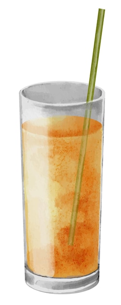 ベクトル オレンジ・フルーツ・ジュースのグラス アクアカラー 白い背景の新鮮な柑橘類マンダリン飲料の手描きイラスト カクテルチューブ付きの夏の熱帯飲料の絵 スケッチ