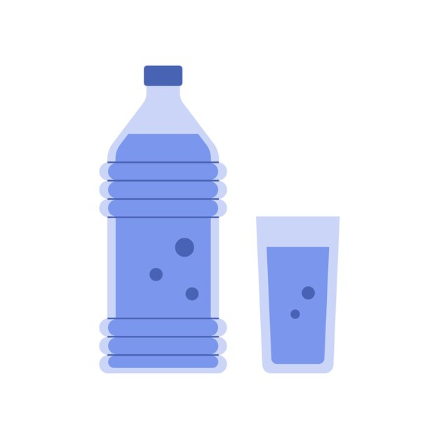 Вектор Стекло с водой и пластиковая прозрачная бутылка с крышкой, наполненная чистой жидкостью