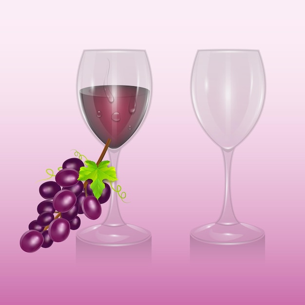 Бокал вина и гроздь винограда в реалистическом стиле, векторная иллюстрация