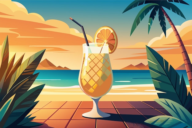 Vettore un bicchiere di succo d'arancia con una cannuccia è su un tavolo accanto a una spiaggia