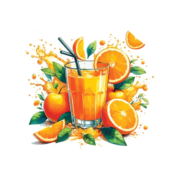 Vector a glass of orange juice with a straw in watercolor