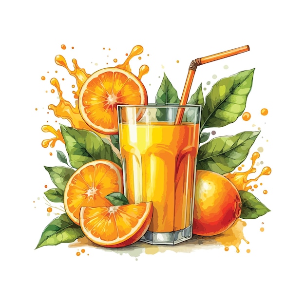 Vector a glass of orange juice with a straw in watercolor