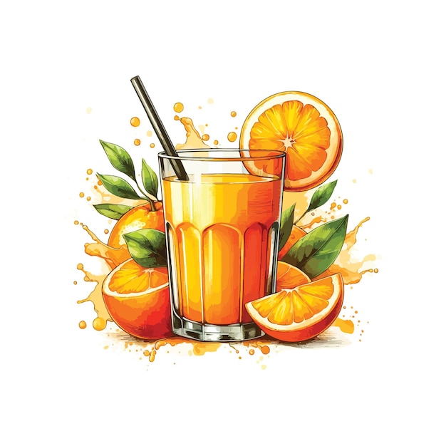 Vector a glass of orange juice with a straw in watercolor