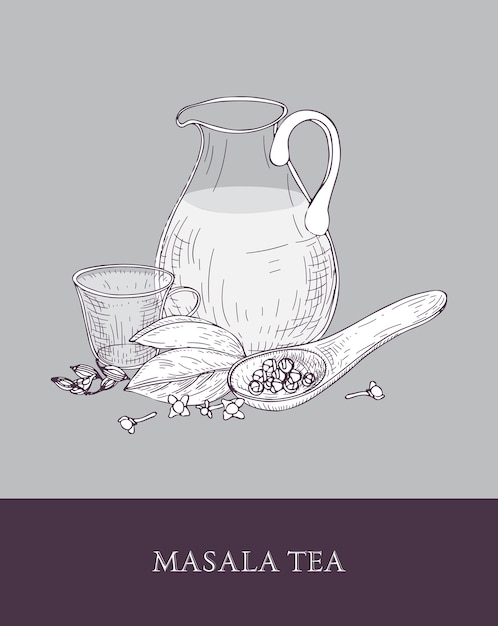 Glass pitcher, cup of masala chai or spiced tea, spoon and various Indian spices on gray