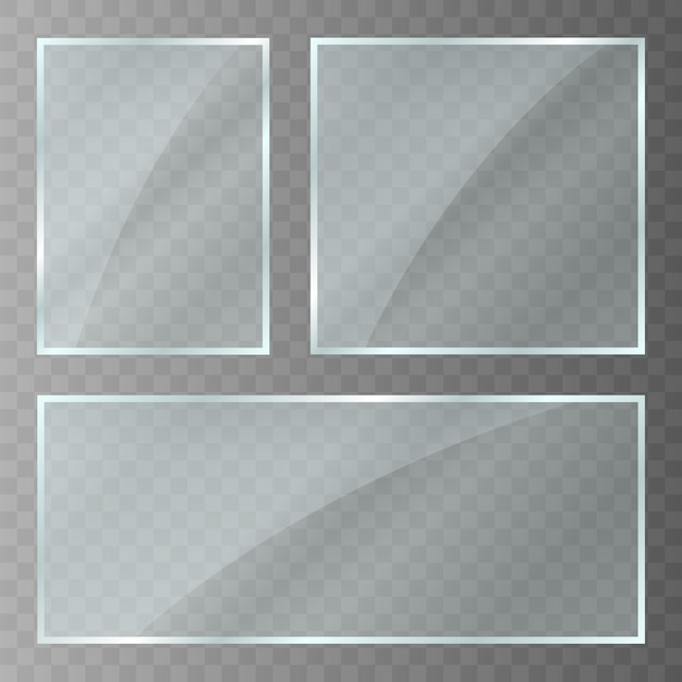 Glass plate. Acrylic and glass texture with glares and light. Realistic transparent glass window in rectangle frame. Vector