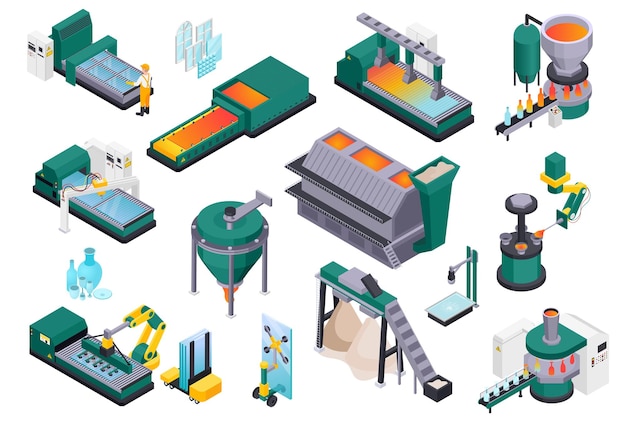 Vector glass production isometric composition with isolated images of glassworks industrial facilities and machinery on blank background vector illustration