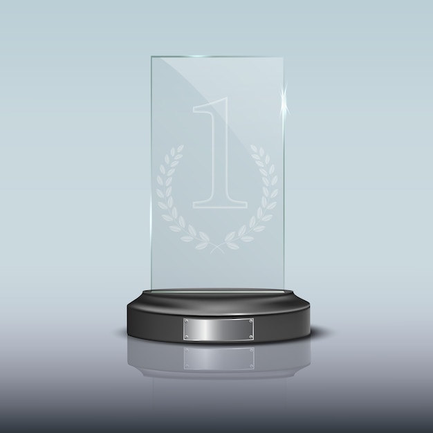 Vector glass rectangle winner podium plate with mirror reflection