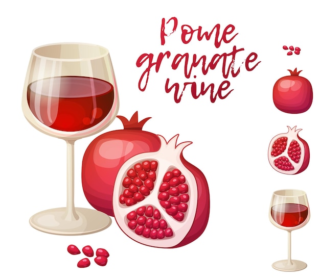 Glass of red wine and half and whole pomegranates fruits vector icons isolated on white background Cartoon illustration of spiced drink for Rosh Hashanah evening