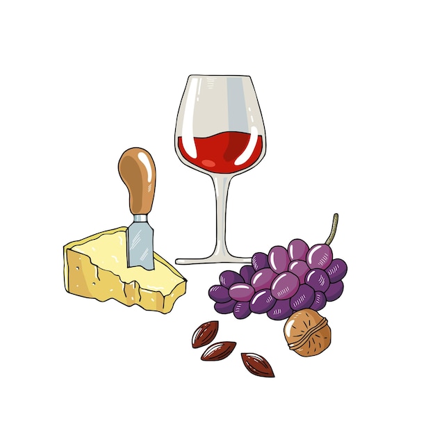 A glass of red wine, a piece of parmesan, knife, almonds, a walnut and a bunch of grapes