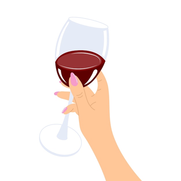 女性の手には赤ワインのグラス。イラスト、ベクター
