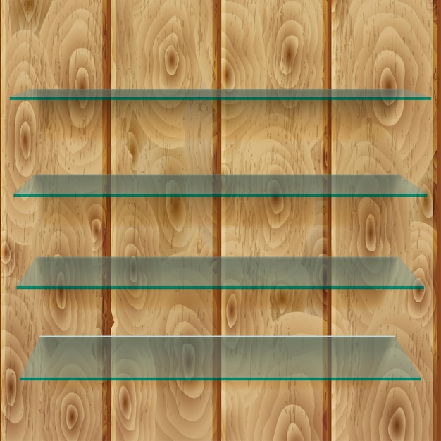 Glass shelves with shadows on vertical light brown wooden planks