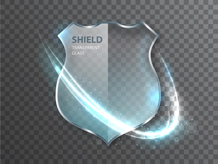 Vector glass shield sign on transterent background. safety badge protection icon. defense safeguard sign.