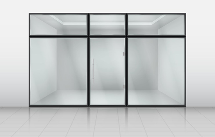 Vector glass shop doors store front with window frame realistic office exterior or retail showcase view of mall wall storefront facade empty boutique forepart vector 3d neoteric design