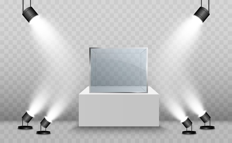 Vector glass showcase for the exhibition in the form of a cube. background for sale illuminated by spotlights. museum glass box isolated advertising or business design boutique. exhibition hall.