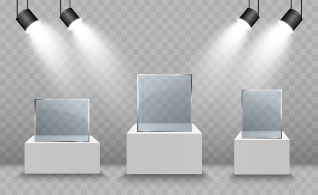 Glass showcase for the exhibition in the form of a cube. background for sale illuminated  spotlights