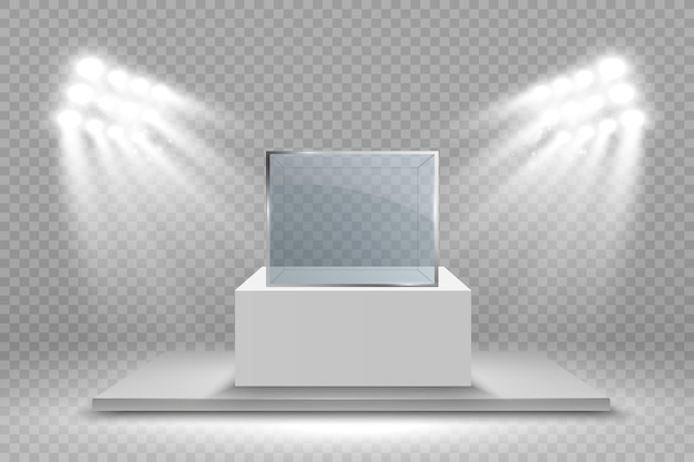 Vector glass showcase for the exhibition in the form of a cube background for sale illuminated