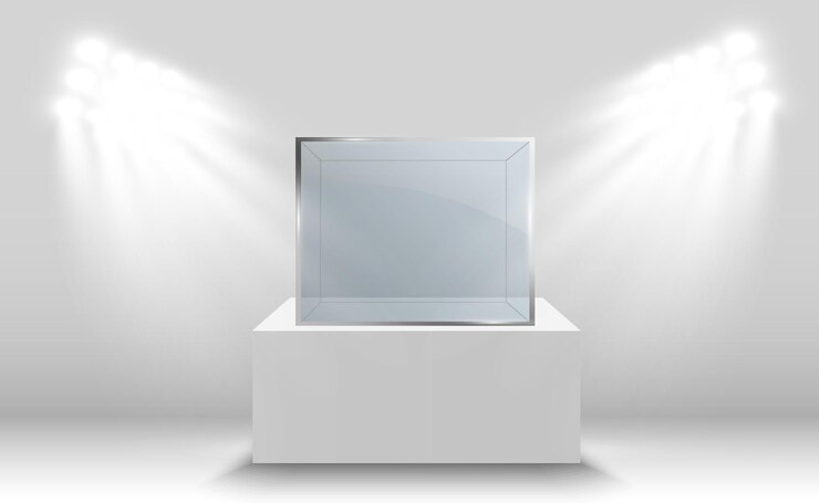 Vector glass showcase for the exhibition in the form of a cube background for sale illuminated