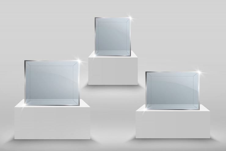 Vector glass showcase for the exhibition in the form of a cube. museum glass box isolated