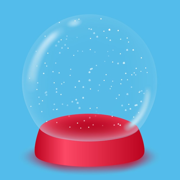 Glass snow globe 3D with snow on a blue background. Podium template for product promotion.