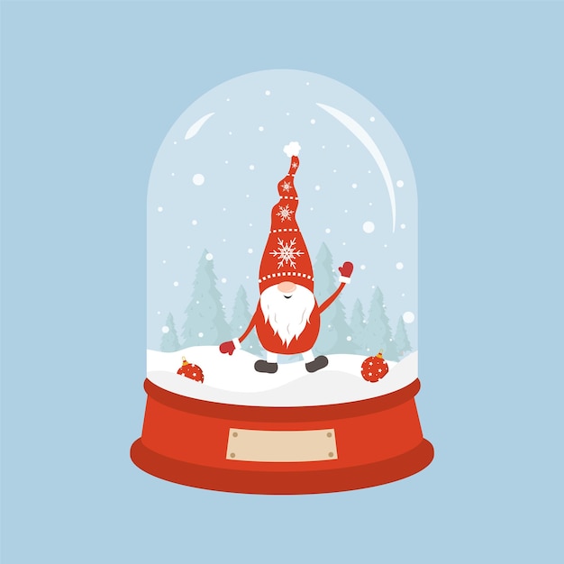 Vector glass snow globe with christmas gnome holiday snowball with snowflakes
