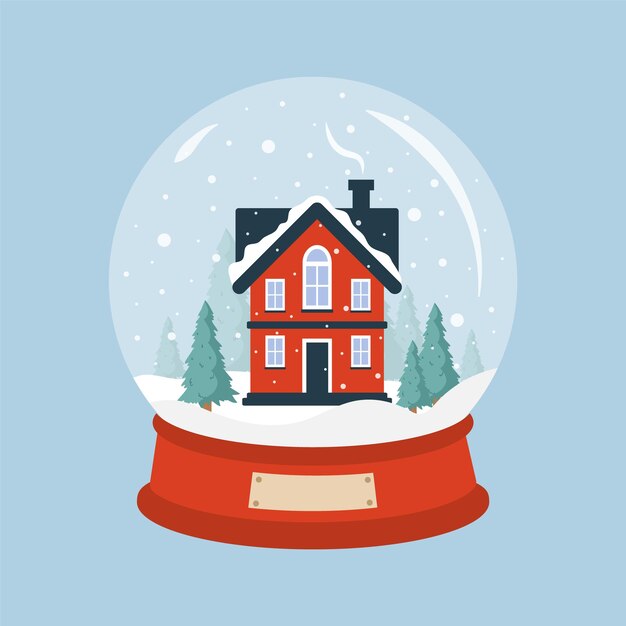 Vector glass snow globe with cozy house christmas decorative ball with winter landscape