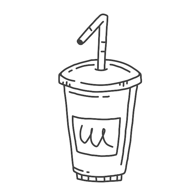 Un bicchiere di soda con una cannuccia in stile scarabocchio disegnato a mano illustrazione vettoriale di cibo isolato